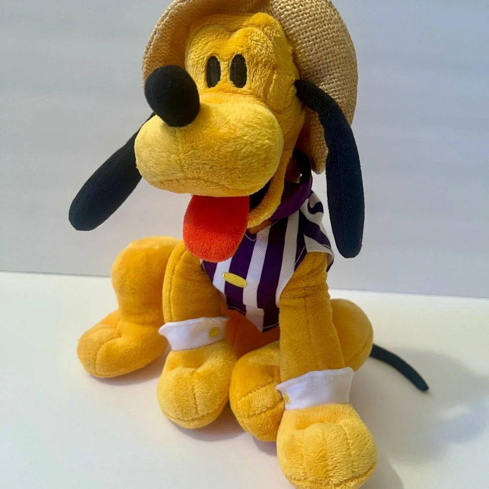 Disney Parks Pluto Plush w/ Straw Hat & Purple Striped Vest Stuffed Animal